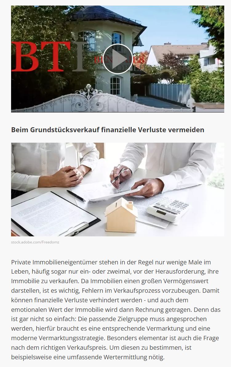 Zeitungsartikel über die BTI Immobilien GmbH in Focus Money