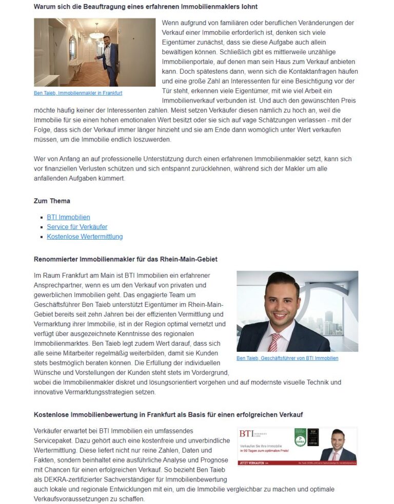 Zeitungsartikel über die BTI Immobilien GmbH in der Süddeutschen Zeitung