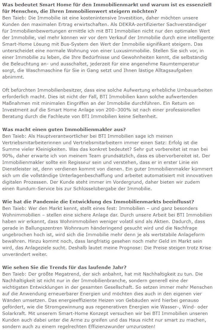 Zeitungsartikel über die BTI Immobilien GmbH in der Wallstreet